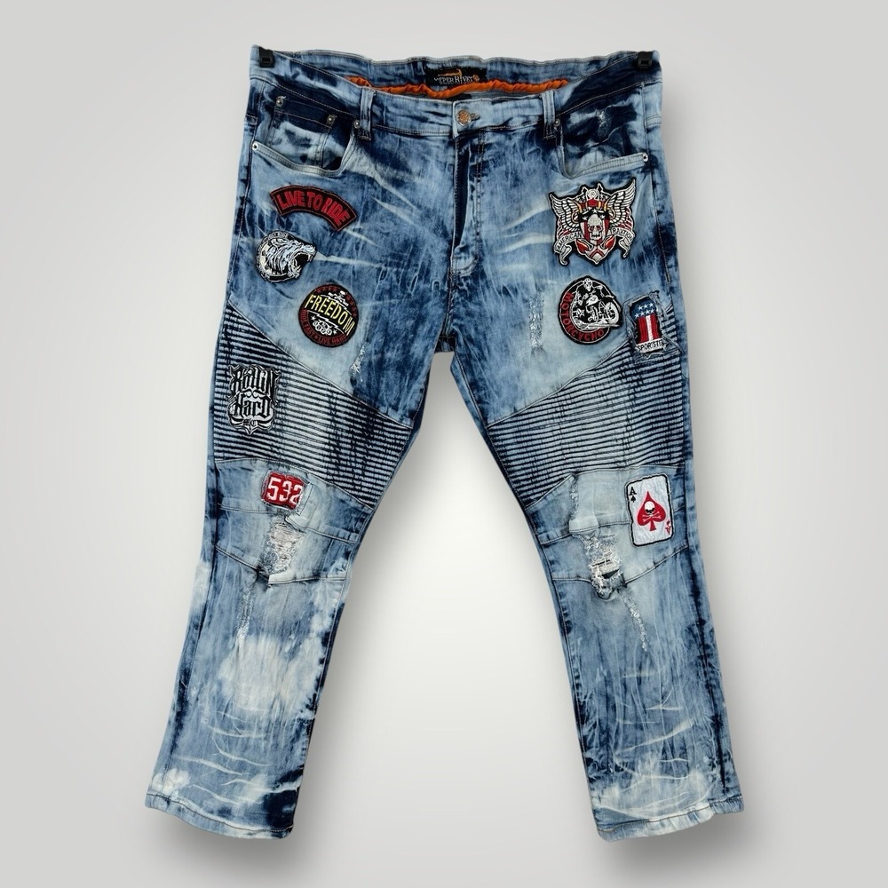 Copper Rivet Distressed Patch Moto Jeans Acid Wash Motorcycle Mens 44x31‎ Moto
